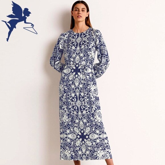 BODEN Silk Blend Ornate Garden Long Sleeve Column Dress in Navy - Picture 2 of 12